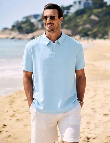 Eisctnd Men's Polo Shirts Short Sleeve Linen Blend Golf Collared T-Shirt for Summer Wedding Beach Vacation Business Casual in Saudi Arabia