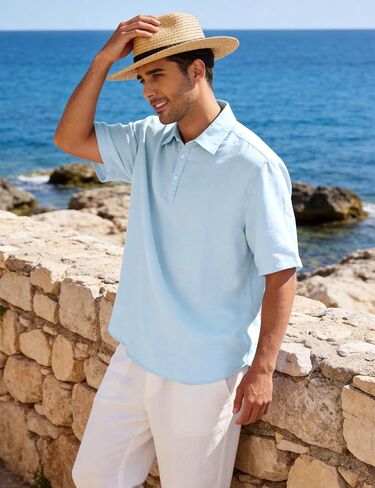 Eisctnd Men's Polo Shirts Short Sleeve Linen Blend Golf Collared T-Shirt for Summer Wedding Beach Vacation Business Casual in Saudi Arabia
