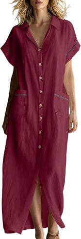 Summer Maxi Dresses for Women Short Sleeve Button Down Collared Sundress Flowy Casual Loose Long Dresses with Pockets in Saudi Arabia
