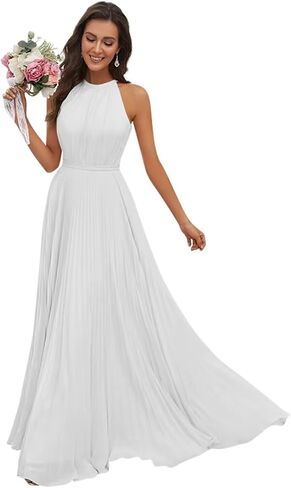 Women's Chiffon Bridesmaid Dresses Long A-Line Ruched Halter Formal Evening Gown with Pockets in Saudi Arabia