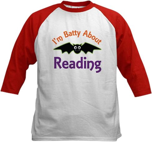 قميص بيسبول للأطفال من CafePress Batty About Reading Kids، قميص بيسبول قطني للأطفال، قميص بأكمام 3/4 راجلان in Kuwait