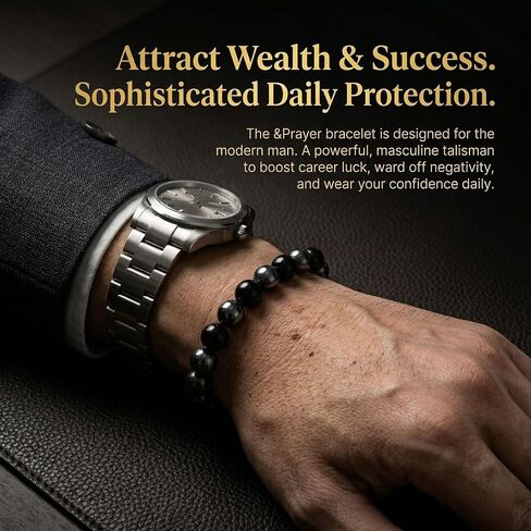&Prayer Men's Wealth & Success Protection Bracelet - Blessed by Onmyoji Master - Natural Black Tiger's Eye & Silver Obsidian - Japanese Handmade Spiritual Talisman for Career Luck in Kuwait