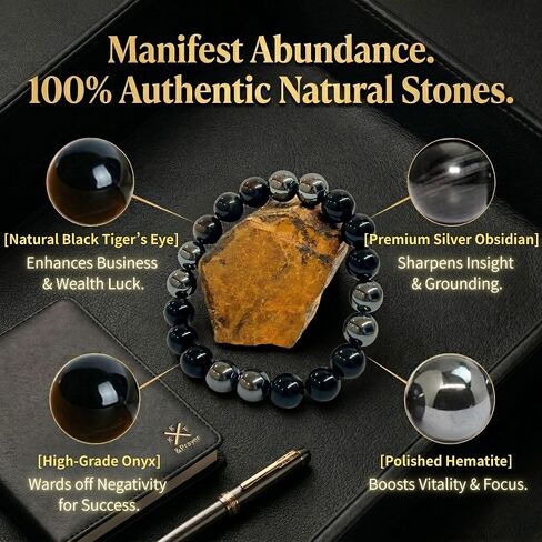 &Prayer Men's Wealth & Success Protection Bracelet - Blessed by Onmyoji Master - Natural Black Tiger's Eye & Silver Obsidian - Japanese Handmade Spiritual Talisman for Career Luck in Kuwait