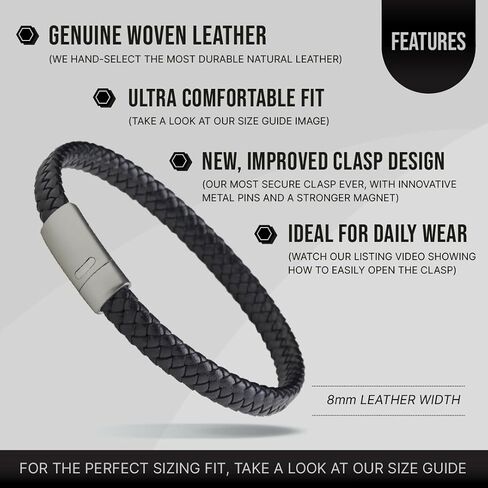 LUXAR Men’s Genuine Leather Bracelet | Interwoven Black Leather Bracelets with Brush Stainless Steel Clasp | Minimalist, Designer Jewelry for Men (Silver, Medium) in Saudi Arabia