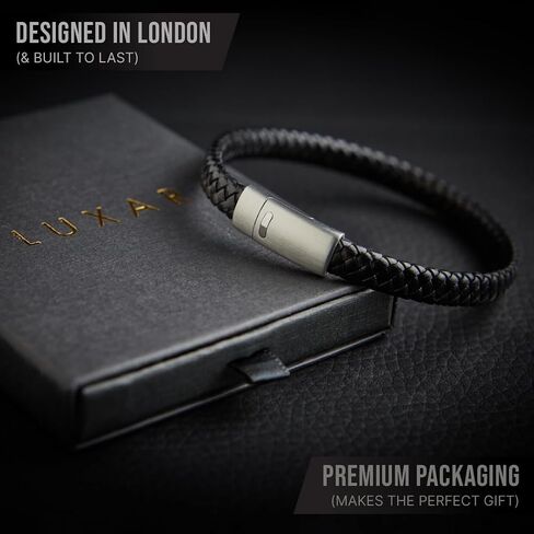LUXAR Men’s Genuine Leather Bracelet | Interwoven Black Leather Bracelets with Brush Stainless Steel Clasp | Minimalist, Designer Jewelry for Men (Silver, Medium) in Saudi Arabia