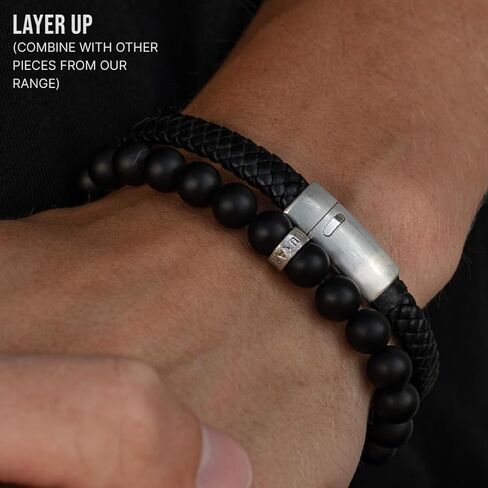 LUXAR Men’s Genuine Leather Bracelet | Interwoven Black Leather Bracelets with Brush Stainless Steel Clasp | Minimalist, Designer Jewelry for Men (Silver, Medium) in Saudi Arabia