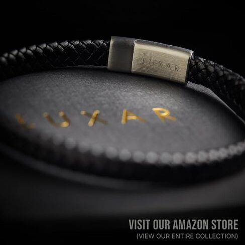 LUXAR Men’s Genuine Leather Bracelet | Interwoven Black Leather Bracelets with Brush Stainless Steel Clasp | Minimalist, Designer Jewelry for Men (Silver, Medium) in Saudi Arabia