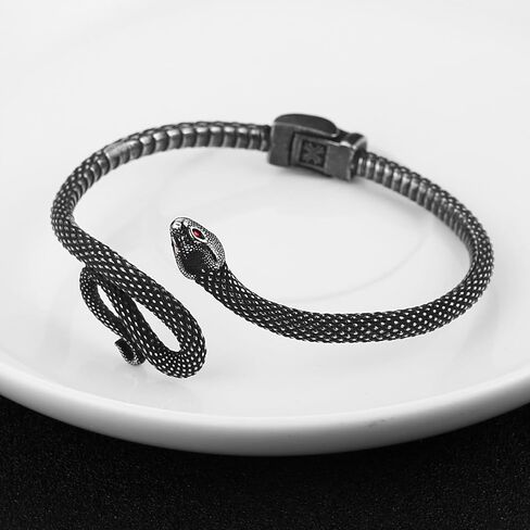 HZMAN Gothic Snake Open Cuff Bracelet for Men Women, Stainless Steel Vintage Punk Serpent Bangle, 7.48 Inch Open Design Halloween Jewelry for Daily Wear Themed Parties in Kuwait
