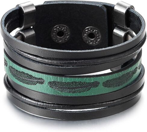 COOLSTEELANDBEYOND Men’s Black and Green Leather Cuff Bracelet, Feather Engraved Layered Wristband, Boho Fashion Jewelry Gift for Him in Kuwait