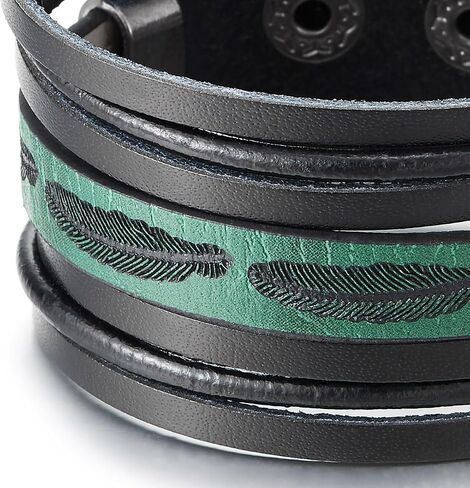 COOLSTEELANDBEYOND Men’s Black and Green Leather Cuff Bracelet, Feather Engraved Layered Wristband, Boho Fashion Jewelry Gift for Him in Kuwait