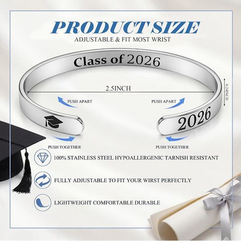 Ganeen 30 Pcs 2026 Graduation Gifts Graduation Bracelet Bulk Inspirational Cuff Bracelets for Women Men Stainless Steel, Adjustable, Engraved Cuff Bangles with Graduate Cap and Year Charm in Kuwait