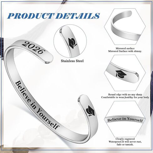 Ganeen 30 Pcs 2026 Graduation Gifts Graduation Bracelet Bulk Inspirational Cuff Bracelets for Women Men Stainless Steel, Adjustable, Engraved Cuff Bangles with Graduate Cap and Year Charm in Kuwait