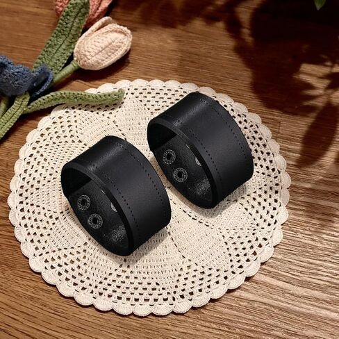 2PCS Wide Cowhide Leather Blank Cuff Bracelet for Men Retro Adjustable Handmade Genuine Leather Wrap Wristband Bangle Arm Armor with Snap for Men Women Halloween Costume Party(Black) in Kuwait