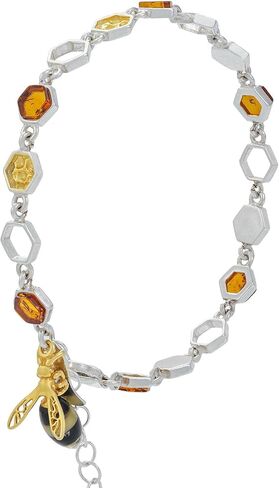Women's Silver Bracelet with Bee and Amber, Sterling Silver Polished and Gold-Plated, Amber in Cognac Colour in Saudi Arabia