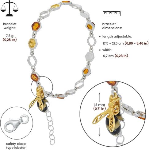 Women's Silver Bracelet with Bee and Amber, Sterling Silver Polished and Gold-Plated, Amber in Cognac Colour in Saudi Arabia