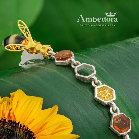 Women's Silver Bracelet with Bee and Amber, Sterling Silver Polished and Gold-Plated, Amber in Cognac Colour in Saudi Arabia