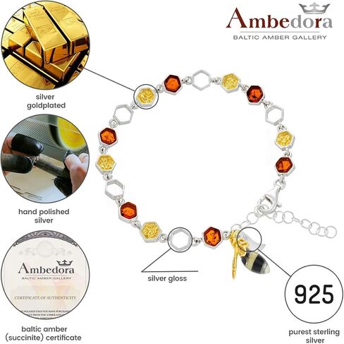 Women's Silver Bracelet with Bee and Amber, Sterling Silver Polished and Gold-Plated, Amber in Cognac Colour in Saudi Arabia