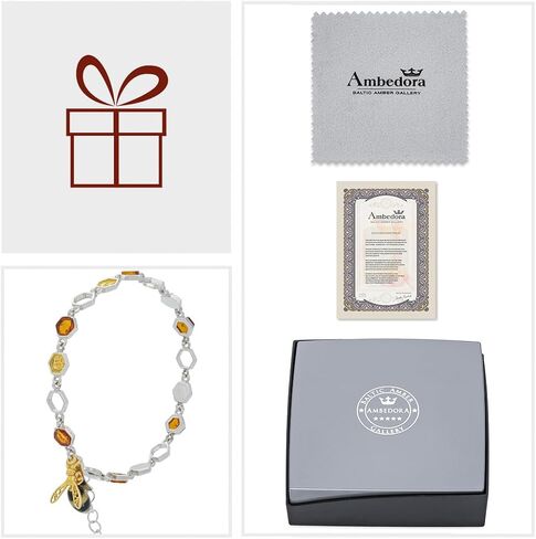 Women's Silver Bracelet with Bee and Amber, Sterling Silver Polished and Gold-Plated, Amber in Cognac Colour in Saudi Arabia