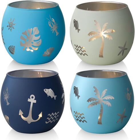Coastal Ocean Glass Votive Candle Holders Set of 4, Laser Etched Nautical Tealight Holders with Anchor, Palm Tree & Sea Life Patterns, Summer Blue Glass Centerpiece for Home Spa Party Gift in Saudi Arabia