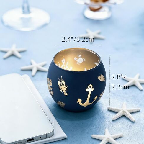 Coastal Ocean Glass Votive Candle Holders Set of 4, Laser Etched Nautical Tealight Holders with Anchor, Palm Tree & Sea Life Patterns, Summer Blue Glass Centerpiece for Home Spa Party Gift in Saudi Arabia