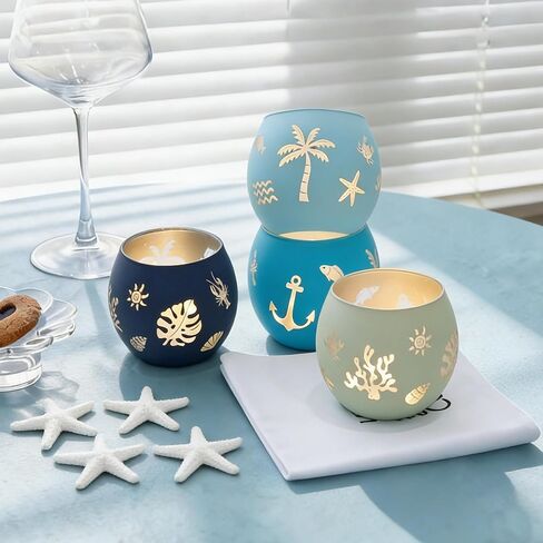 Coastal Ocean Glass Votive Candle Holders Set of 4, Laser Etched Nautical Tealight Holders with Anchor, Palm Tree & Sea Life Patterns, Summer Blue Glass Centerpiece for Home Spa Party Gift in Saudi Arabia