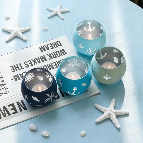 Coastal Ocean Glass Votive Candle Holders Set of 4, Laser Etched Nautical Tealight Holders with Anchor, Palm Tree & Sea Life Patterns, Summer Blue Glass Centerpiece for Home Spa Party Gift in Saudi Arabia
