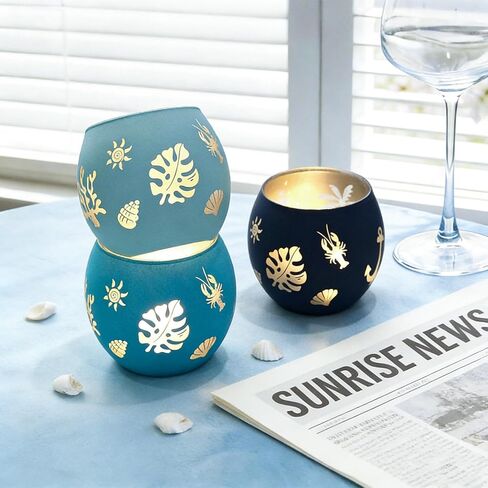 Coastal Ocean Glass Votive Candle Holders Set of 4, Laser Etched Nautical Tealight Holders with Anchor, Palm Tree & Sea Life Patterns, Summer Blue Glass Centerpiece for Home Spa Party Gift in Saudi Arabia