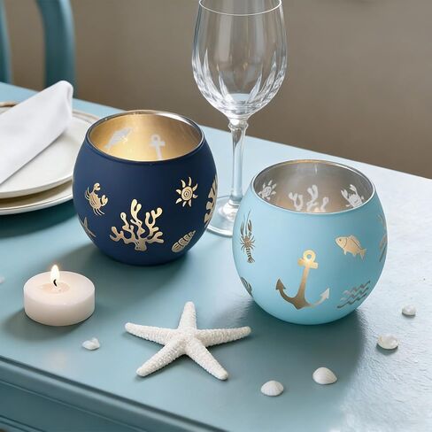 Coastal Ocean Glass Votive Candle Holders Set of 4, Laser Etched Nautical Tealight Holders with Anchor, Palm Tree & Sea Life Patterns, Summer Blue Glass Centerpiece for Home Spa Party Gift in Saudi Arabia