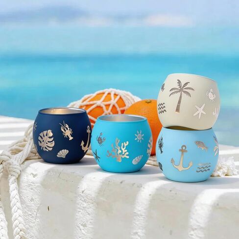 Coastal Ocean Glass Votive Candle Holders Set of 4, Laser Etched Nautical Tealight Holders with Anchor, Palm Tree & Sea Life Patterns, Summer Blue Glass Centerpiece for Home Spa Party Gift in Saudi Arabia
