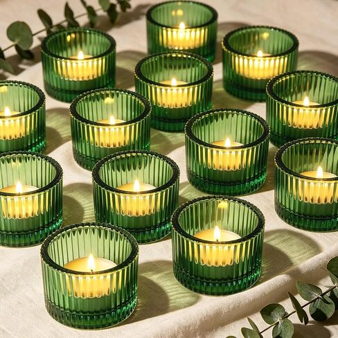 Green Glass Votive Candle Holders 12 Pack, Small Glass Cups for Tea Lights, Wedding Centerpieces, Table Decorations, Home Decor, Party Favors, Bulk Set of 12 in Saudi Arabia
