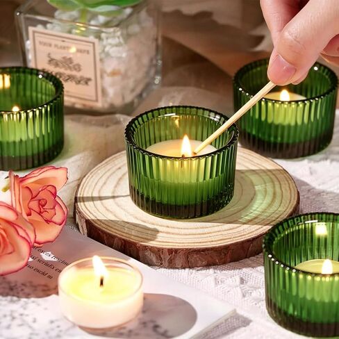 Green Glass Votive Candle Holders 12 Pack, Small Glass Cups for Tea Lights, Wedding Centerpieces, Table Decorations, Home Decor, Party Favors, Bulk Set of 12 in Saudi Arabia