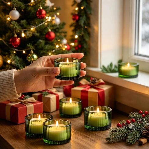Green Glass Votive Candle Holders 12 Pack, Small Glass Cups for Tea Lights, Wedding Centerpieces, Table Decorations, Home Decor, Party Favors, Bulk Set of 12 in Saudi Arabia