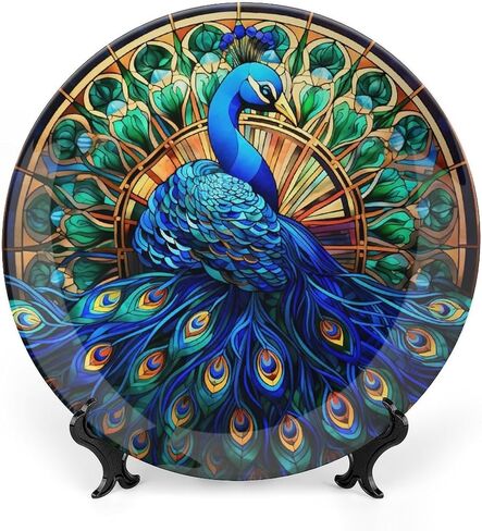 Decorative Plates, Watercolor Peacock Stained Glass Design Ceramic Dinner Plate Home Wobble-Plate with Display Stand, Wall Hanging Decor for Kitchen Household 10 Inch, Gifts for Peacocks Lover in Saudi Arabia
