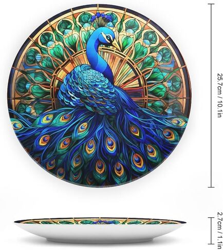 Decorative Plates, Watercolor Peacock Stained Glass Design Ceramic Dinner Plate Home Wobble-Plate with Display Stand, Wall Hanging Decor for Kitchen Household 10 Inch, Gifts for Peacocks Lover in Saudi Arabia