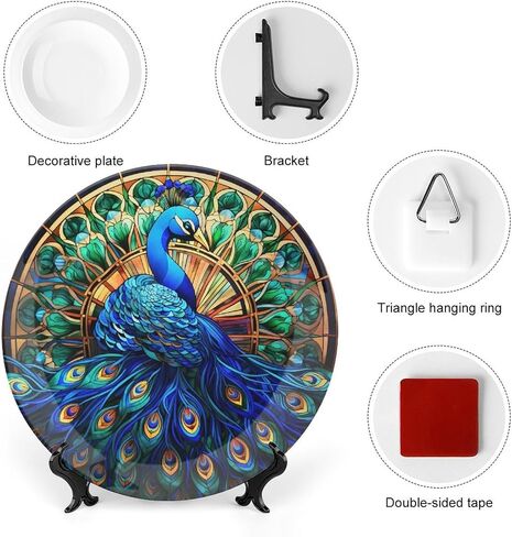 Decorative Plates, Watercolor Peacock Stained Glass Design Ceramic Dinner Plate Home Wobble-Plate with Display Stand, Wall Hanging Decor for Kitchen Household 10 Inch, Gifts for Peacocks Lover in Saudi Arabia