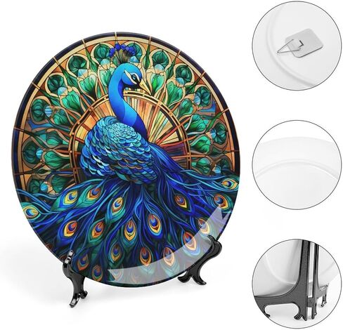 Decorative Plates, Watercolor Peacock Stained Glass Design Ceramic Dinner Plate Home Wobble-Plate with Display Stand, Wall Hanging Decor for Kitchen Household 10 Inch, Gifts for Peacocks Lover in Saudi Arabia