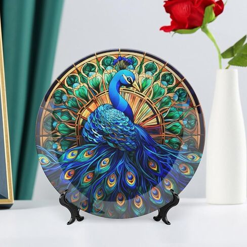 Decorative Plates, Watercolor Peacock Stained Glass Design Ceramic Dinner Plate Home Wobble-Plate with Display Stand, Wall Hanging Decor for Kitchen Household 10 Inch, Gifts for Peacocks Lover in Saudi Arabia