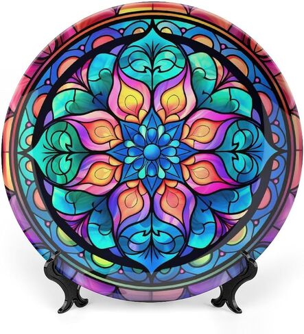 Decorative Plates, Watercolor Peacock Stained Glass Design Ceramic Dinner Plate Home Wobble-Plate with Display Stand, Wall Hanging Decor for Kitchen Household 10 Inch, Gifts for Peacocks Lover in Saudi Arabia