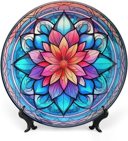 Decorative Plates, Watercolor Peacock Stained Glass Design Ceramic Dinner Plate Home Wobble-Plate with Display Stand, Wall Hanging Decor for Kitchen Household 10 Inch, Gifts for Peacocks Lover in Saudi Arabia