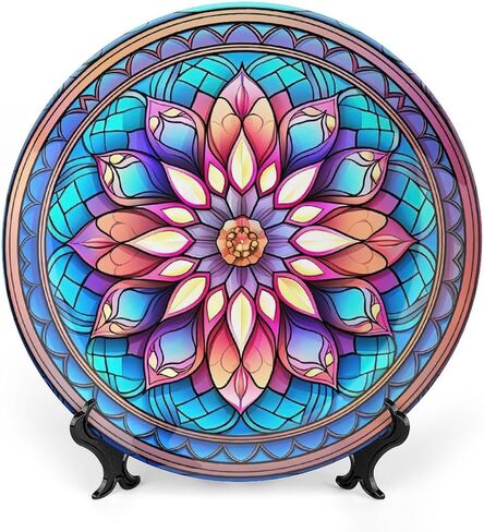 Decorative Plates, Watercolor Peacock Stained Glass Design Ceramic Dinner Plate Home Wobble-Plate with Display Stand, Wall Hanging Decor for Kitchen Household 10 Inch, Gifts for Peacocks Lover in Saudi Arabia