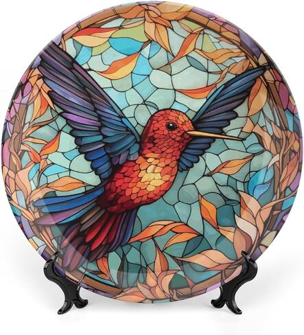 Decorative Plates, Watercolor Peacock Stained Glass Design Ceramic Dinner Plate Home Wobble-Plate with Display Stand, Wall Hanging Decor for Kitchen Household 10 Inch, Gifts for Peacocks Lover in Saudi Arabia