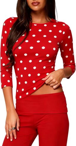 Women Polka Dot Three Quarter Sleeve Tops Polkadot Underscrub 3/4 Length Sleeve Coquette Crewneck Tee Top in Saudi Arabia