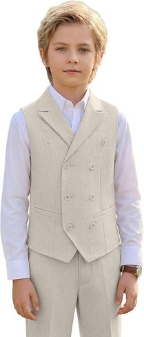 Boys Linen Suit Slim Fit Kids 5 Piece Casual Wedding Suits Double Breasted Vest Pants Set Prom Suit for Boy Tuxedo in Saudi Arabia