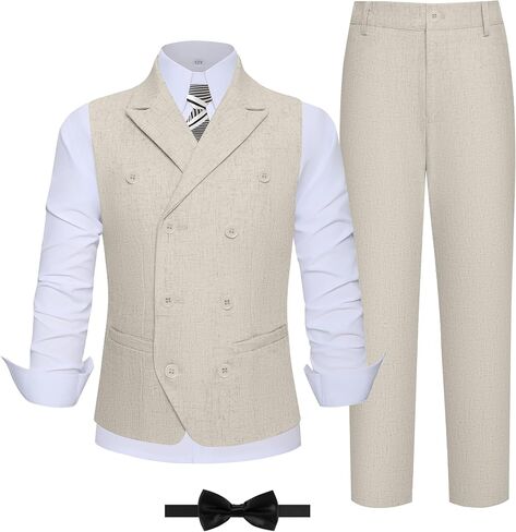 Boys Linen Suit Slim Fit Kids 5 Piece Casual Wedding Suits Double Breasted Vest Pants Set Prom Suit for Boy Tuxedo in Saudi Arabia