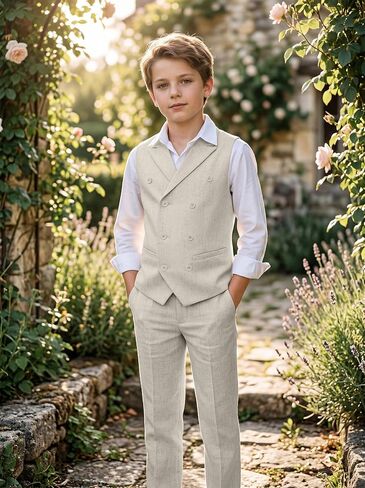 Boys Linen Suit Slim Fit Kids 5 Piece Casual Wedding Suits Double Breasted Vest Pants Set Prom Suit for Boy Tuxedo in Saudi Arabia