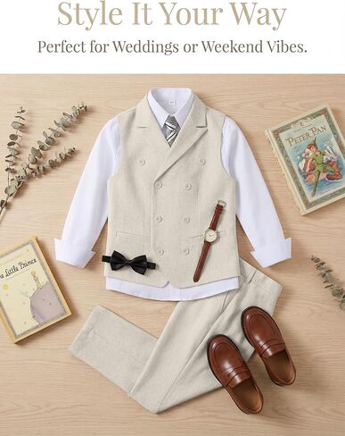 Boys Linen Suit Slim Fit Kids 5 Piece Casual Wedding Suits Double Breasted Vest Pants Set Prom Suit for Boy Tuxedo in Saudi Arabia
