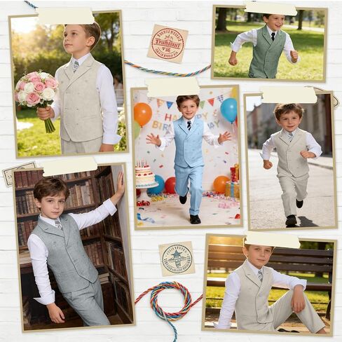 Boys Linen Suit Slim Fit Kids 5 Piece Casual Wedding Suits Double Breasted Vest Pants Set Prom Suit for Boy Tuxedo in Saudi Arabia