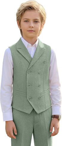 Boys Linen Suit Slim Fit Kids 5 Piece Casual Wedding Suits Double Breasted Vest Pants Set Prom Suit for Boy Tuxedo in Saudi Arabia