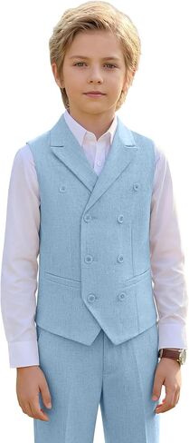 Boys Linen Suit Slim Fit Kids 5 Piece Casual Wedding Suits Double Breasted Vest Pants Set Prom Suit for Boy Tuxedo in Saudi Arabia