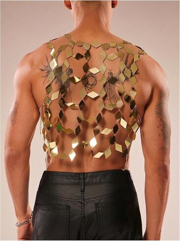 SweatyRocks Men's Sparkly Sequin Rave Party Tops Sexy Sheer Hollow Out Mesh Sleeveless Shirts in Kuwait